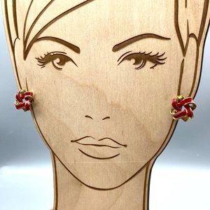 Red and Gold Knot Earrings, Vintage Gold Tone and Enamel Studs